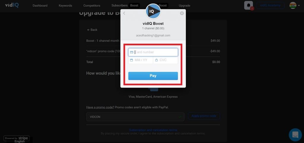 VidIQ boost Virtual Credit Cards