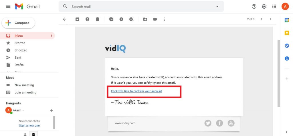 confirm you email for VidIQ account